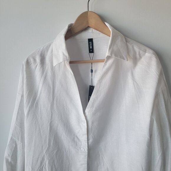 stylewe fashin shrit womens size xl  white button up linen blend - Picture 3 of 8